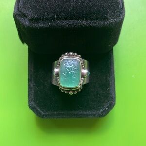 [Sajen] Carved Green Agate and Aquamarine Sterling Silver Ring